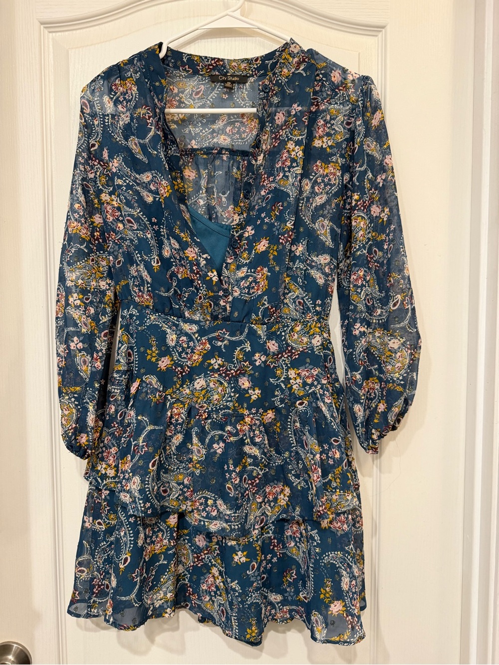 City Studio XS Teal Paisley Floral Metallic Ruffle Mini Dress Long Sleeve